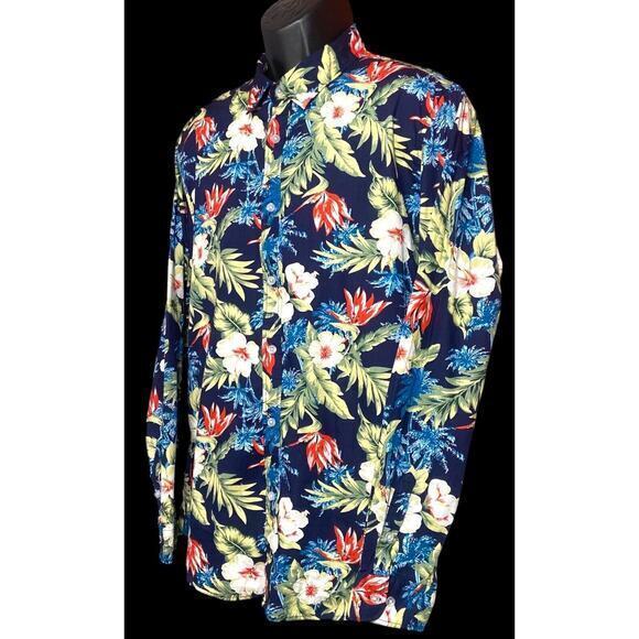 Tunevuse Blue Aloha Tropical Regular Fit Button Up Shirt Long Sleeve Men's Sz XL - Picture 8 of 14